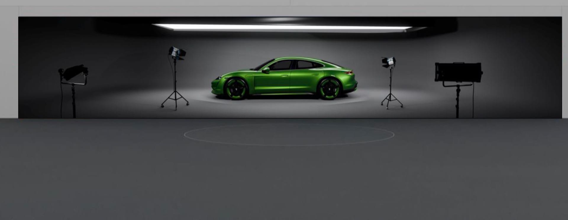 Life size Porsche rendered on an ultra wide TRUE dvLED design studio dvLED wall