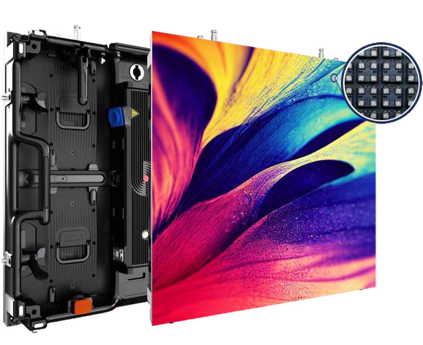 TRUE XR+ 1.5 rental dvLED cabinet from the rear and from the front, with a close up of the Mini 4in1 LED package