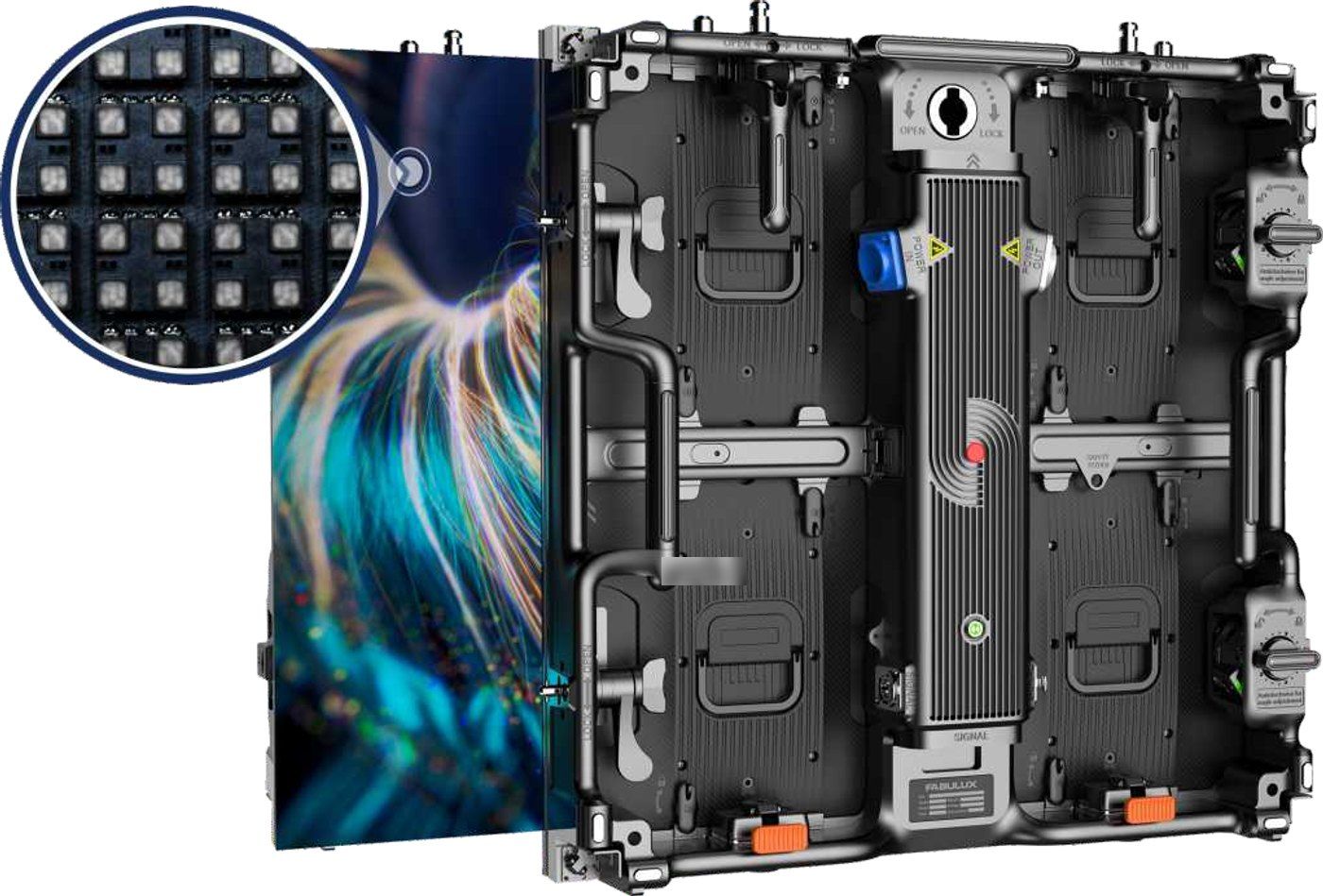 Rear of a TRUE XR+ 1.5 rental dvLED cabinet with quick locks, arc lock dials and a close up of the Mini 4in1 LEDs