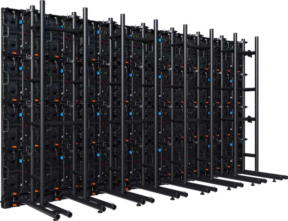 Ground stacked TRUE XR+ rental dvLED wall from the rear, cabinets on stacking frames with rear bracing