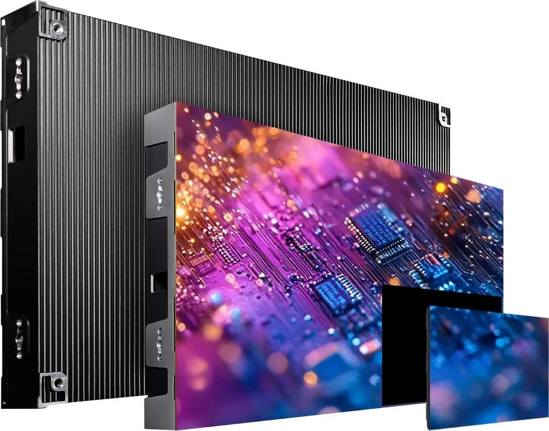 TRUE dvLED cabinet seen from the rear beside a lit panel front and a single LED module, showing what a dvLED wall is actually built from