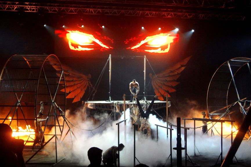 Theatrical stage with a TRUE dvLED eyes dvLED wall, flame jets and haze