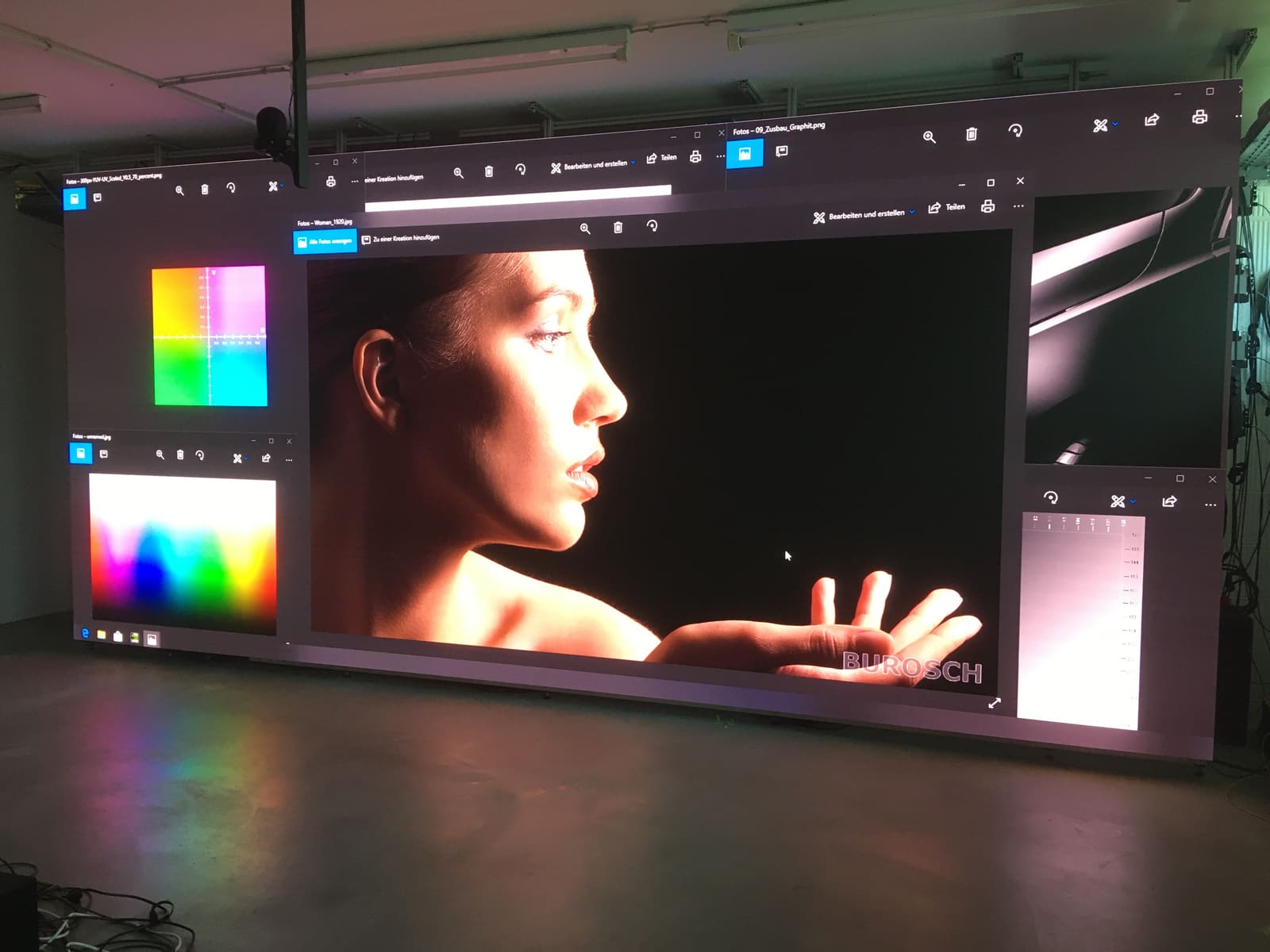 Reference portrait and colour gradient test patterns across a TRUE dvLED lab dvLED wall