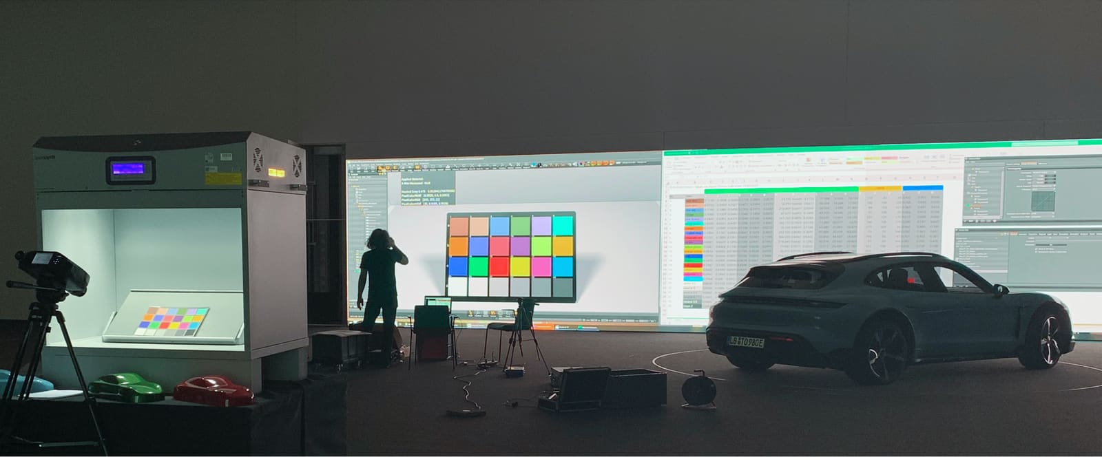 Porsche Taycan on a TRUE dvLED wall beside a calibrated light booth and colour reference chart
