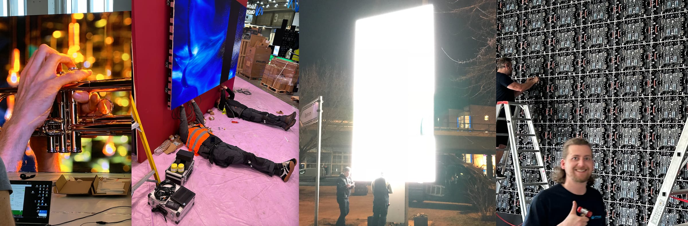 Collage of TRUE service work: technicians on ladders at a dvLED wall, a floor install, an outdoor LED panel at night and a technician giving a thumbs up