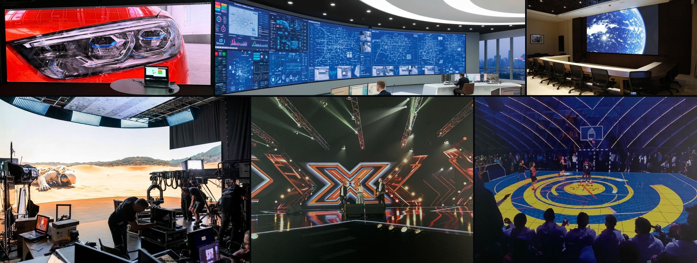 Six TRUE dvLED applications: automotive design review, virtual production volume, broadcast stage, control room, sports arena and boardroom