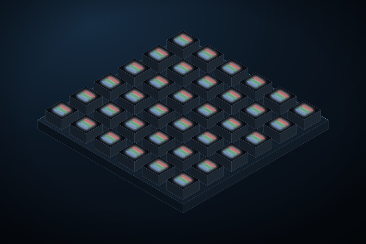 SMD LED package with three separate red, green and blue dies mounted on the board surface